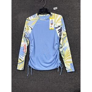Hurley Rash Guard Swim Shirt Womens Small Blue Floral Ruched Long Sleeve UPF 50+